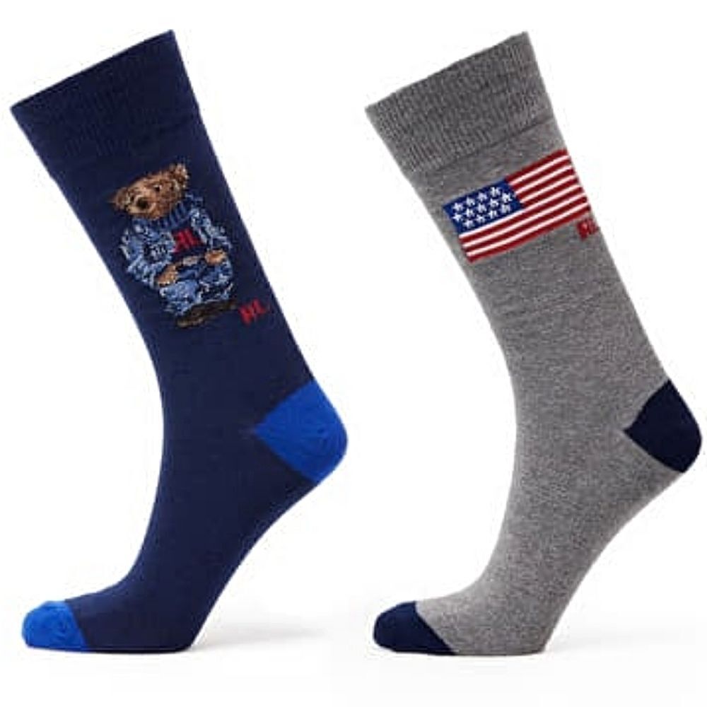 Polo Ralph Lauren Bear Crew Socks USA Flag Navy Blue Grey L 8-12 New 2-Pair Pack